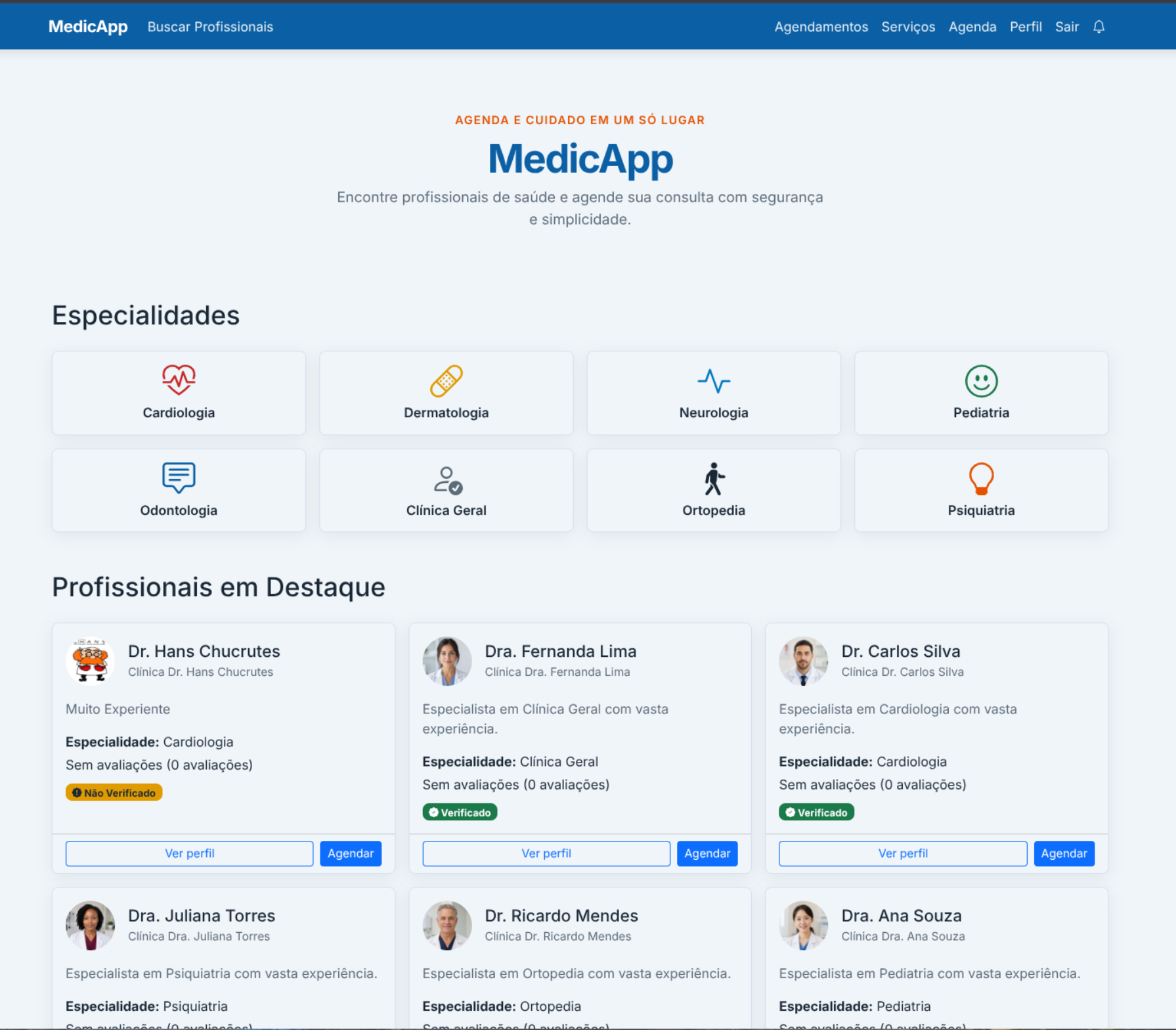 Tela do D.C. Medic App — agendamento e marketplace de saúde